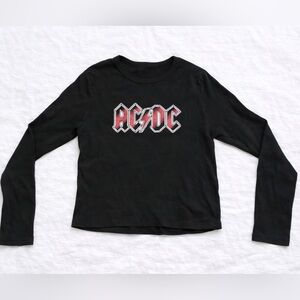 AC/DC Cropped Long Sleeve Graphic Tee Black Rock Band Top